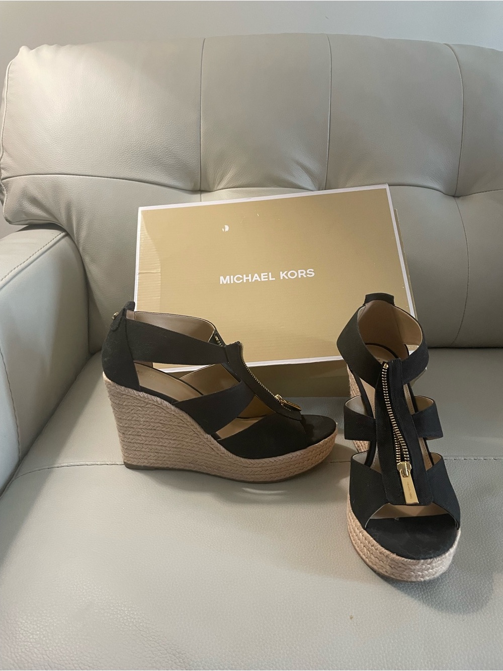Michael Kors Black Damita Wedge Sandals with Gold Zip Detail